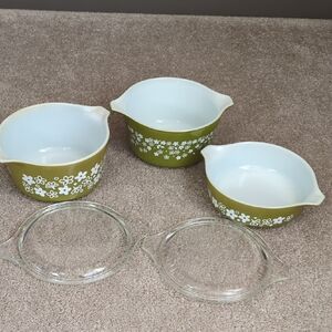 Pyrex Olive Green Spring Blossom Casserole Dishes